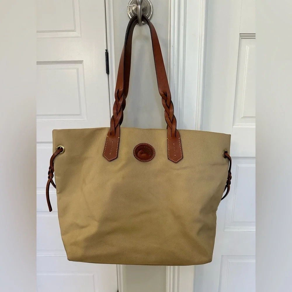 Vintage Dooney & Bourke Large Shopper Tote Bag Purse Tan Canvas Brown Leather